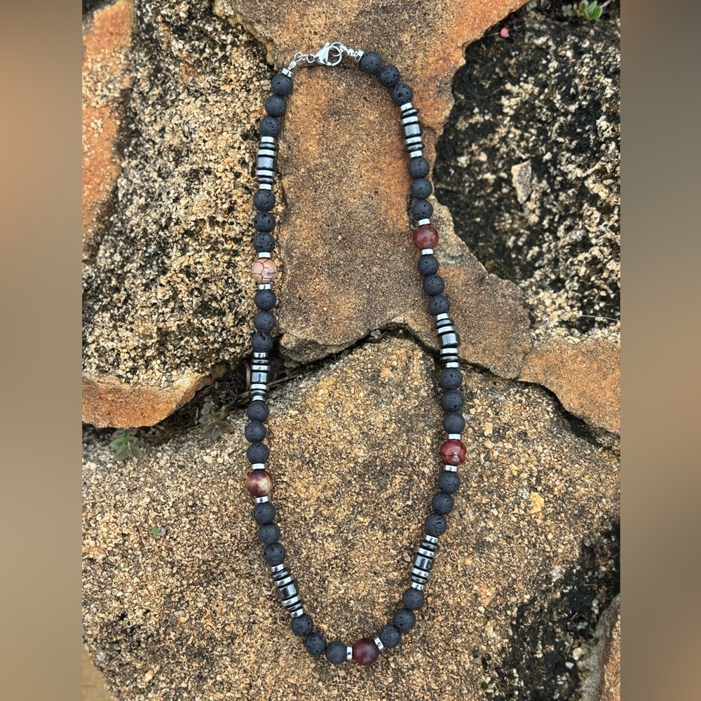 New Handmade Black Lava and Brown Agate Beaded Necklace